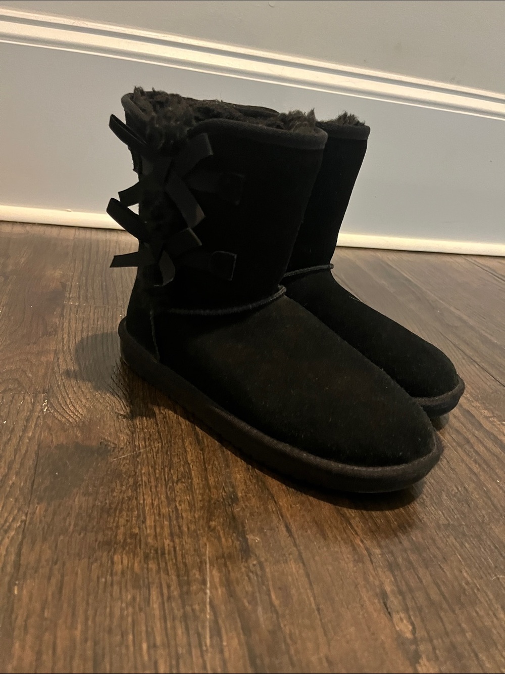 UGG Black Suede Bow-Accent Faux Shearling Boots